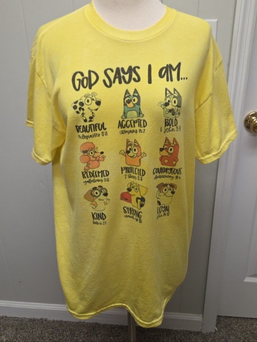 Adult Bluey T-shirt God Says I Am Beautiful Accepted Bold Redeamed M Yellow